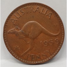 AUSTRALIA 1959Y. ONE 1 PENNY . ERROR . PLANCHET FLAW OVER ROO